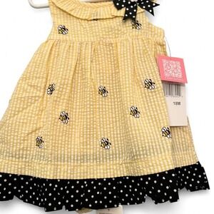 Yellow & White Gingham Seersucker Bumble Bee Dress Infant 18 months